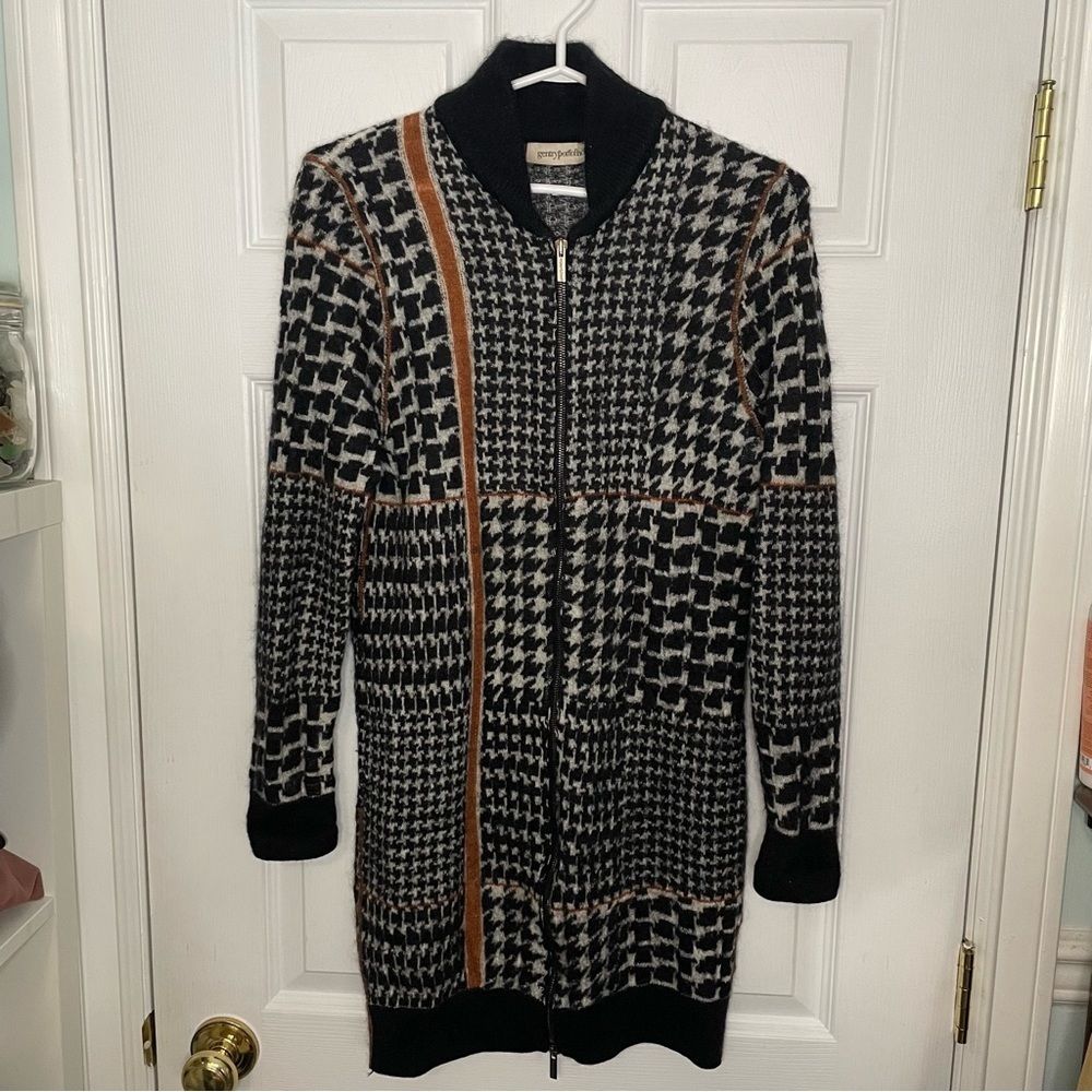 Gentry Portofino Wool Houndstooth Full Zip Long Sweater Cardigan Dress Medium